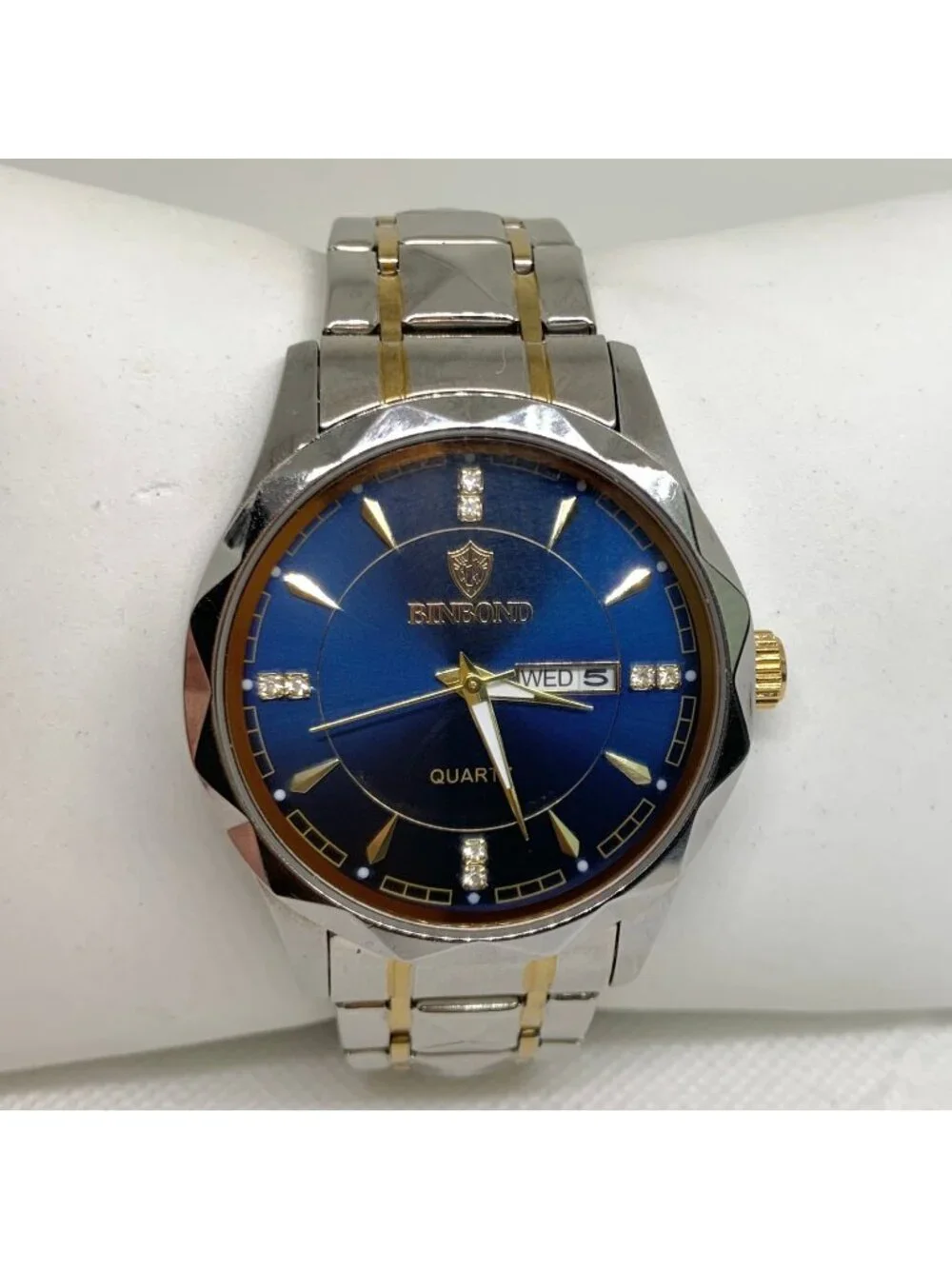 Binbond men’s day date watch blue dial two tone 42mm quartz up to 8” running